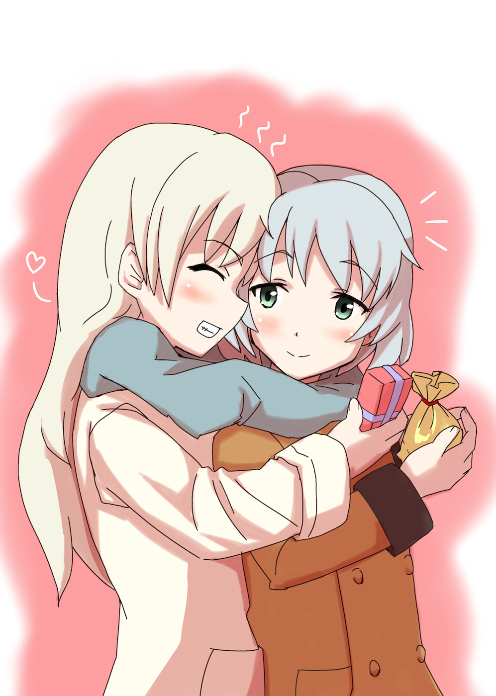2girls, ajapar, bag, blonde_hair, closed_eyes, eila_ilmatar_juutilainen, gift, green_eyes