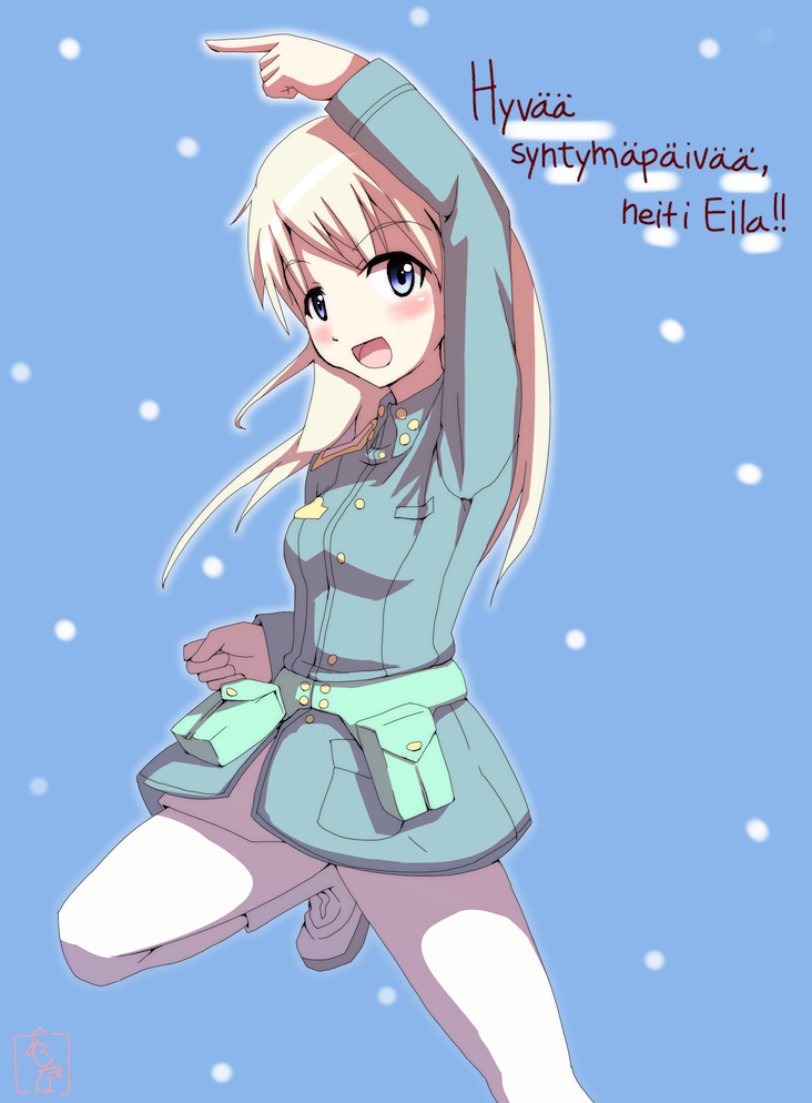 1girl, :d, ajapar, birthday, blonde_hair, blue_background, blue_eyes, eila_ilmatar_juutilainen