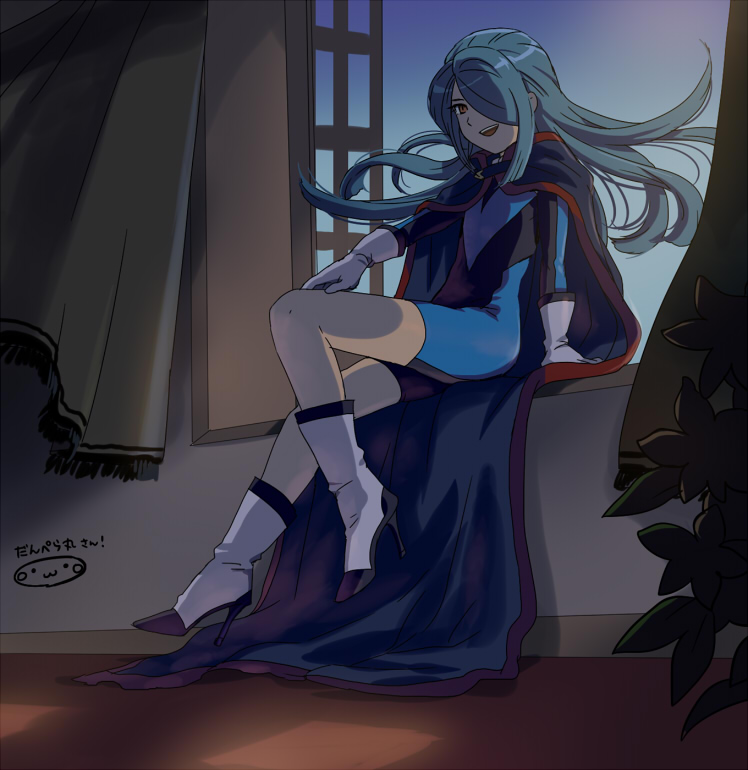 1boy, blue_hair, bodysuit, boots, cape, dark_emperors, gloves, hair_over_one_eye