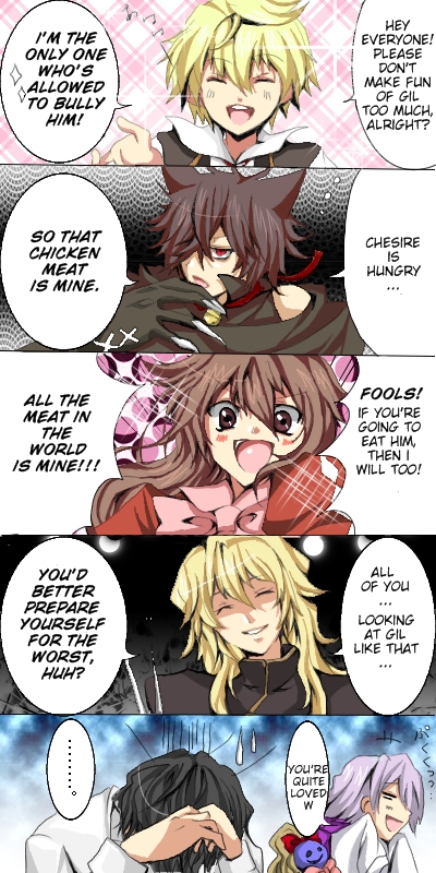albino, alice_(pandora_hearts), back, bell, black_hair, blonde_hair, blush, bow, brown_eyes, brown_hair, cheshire_cat_(pandora_hearts), claws, comic, emily_(pandora_hearts), english, closed_eyes, gilbert_nightray, hair_over_one_eye, hand_to_face, long_hair, male, oz_vessalius, pandora_hearts, red_eyes, silver_hair, smile, sparkle, victorian, white_hair