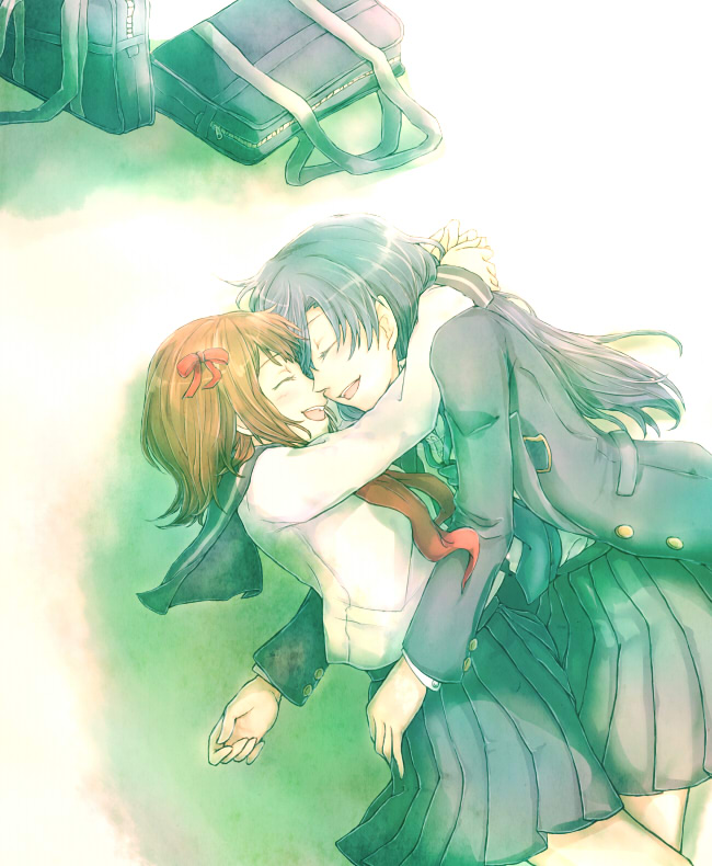2girls, amami_haruka, bag, blazer, blue_hair, blush, brown_hair, closed_eyes