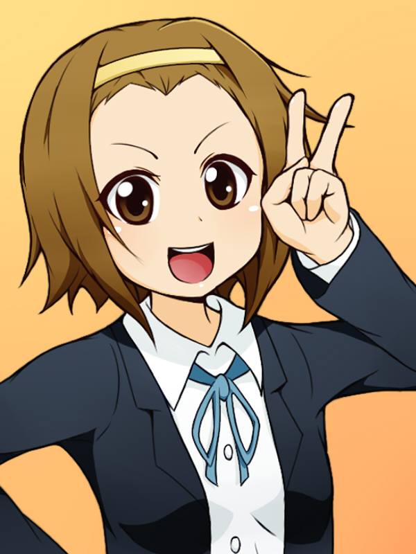 1girl, brown_eyes, brown_hair, k-on!, school_uniform, solo, tainaka_ritsu, v