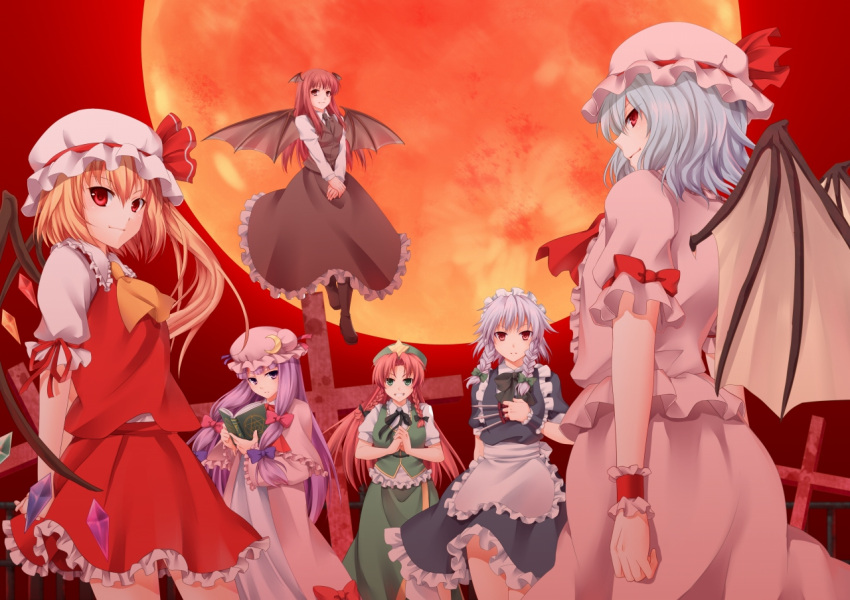 6+girls, apron, arms_behind_back, ascot, bat_wings, between_fingers, blonde_hair, blue_hair, book, boots, bow, braid, crescent, cross, flandre_scarlet, full_moon, hair_bow, hat, hat_ribbon, head_wings, hong_meiling, izayoi_sakuya, koakuma, long_hair, long_sleeves, magic_circle, maid, maid_headdress, moon, multiple_girls, open_book, patchouli_knowledge, payot, purple_hair, red_eyes, red_moon, redhead, remilia_scarlet, ribbon, short_hair, silver_hair, skirt, skirt_set, smile, star, tomato-ed, touhou, twin_braids, v_arms, wings, wrist_cuffs
