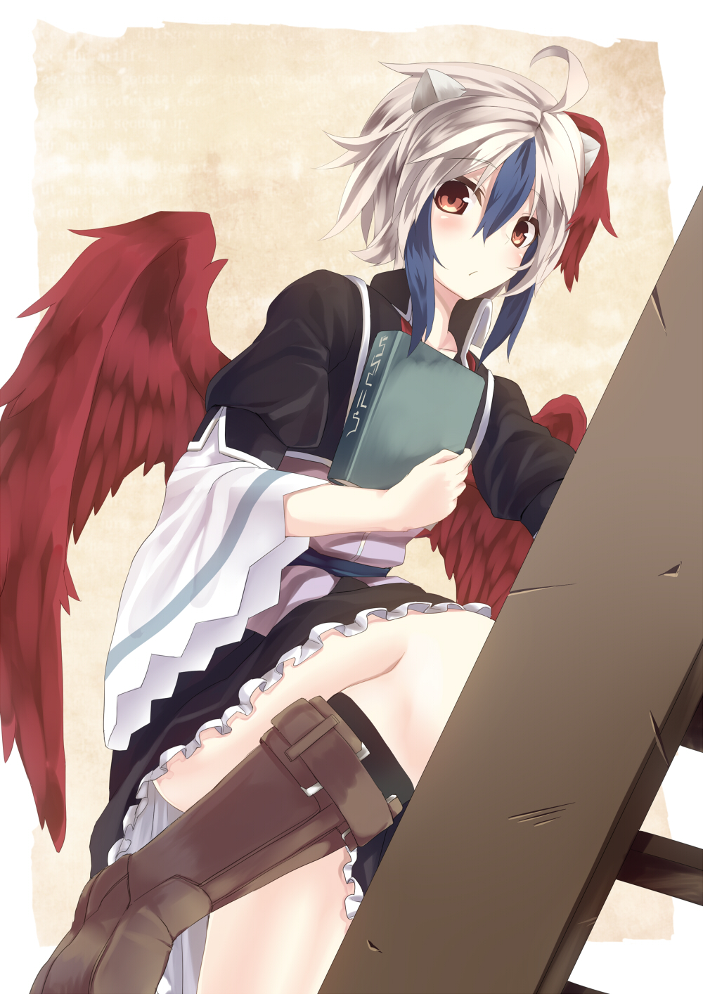 1girl, ahoge, blue_hair, book, boots, highres, horns, looking_at_viewer