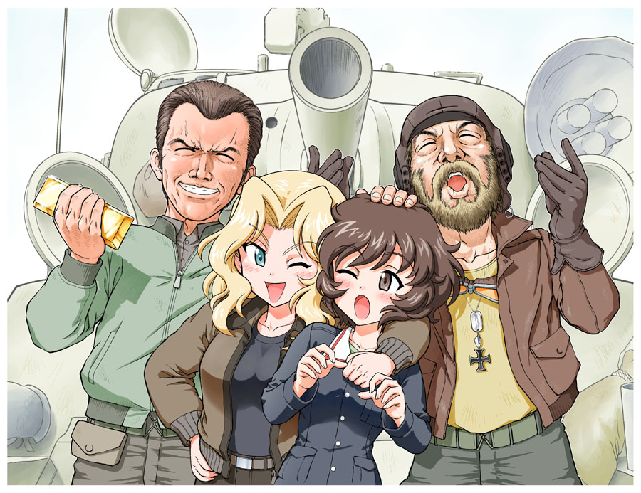 2boys, 2girls, akiyama_yukari, blonde_hair, brown_hair, girls_und_panzer, kay_(girls_und_panzer), kelly's_heroes, long_hair, multiple_boys, multiple_girls, private_kelly_(kelly's_heroes), sergeant_oddball_(kelly's_heroes), short_hair, uniform