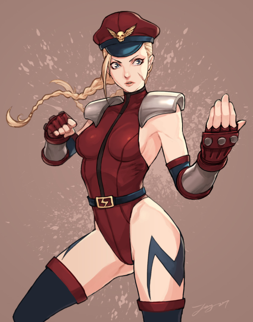 1girl, alternate_costume, belt, blonde_hair, blue_eyes, bodypaint, braid, cammy_white