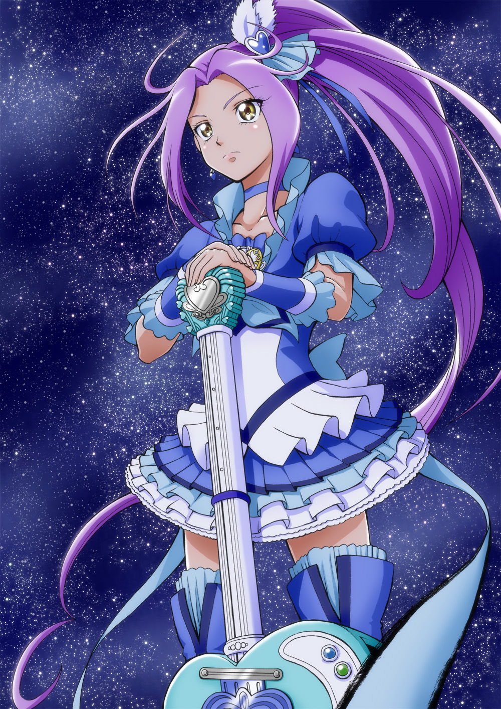 1girl, choker, cure_beat, electric_guitar, frilled_skirt, guitar, highres, instrument, kurokawa_ellen, long_hair, magical_girl, precure, purple_hair, ribbon, sabamiso, side_ponytail, siren_(suite_precure), skirt, solo, suite_precure, thigh-highs, yellow_eyes