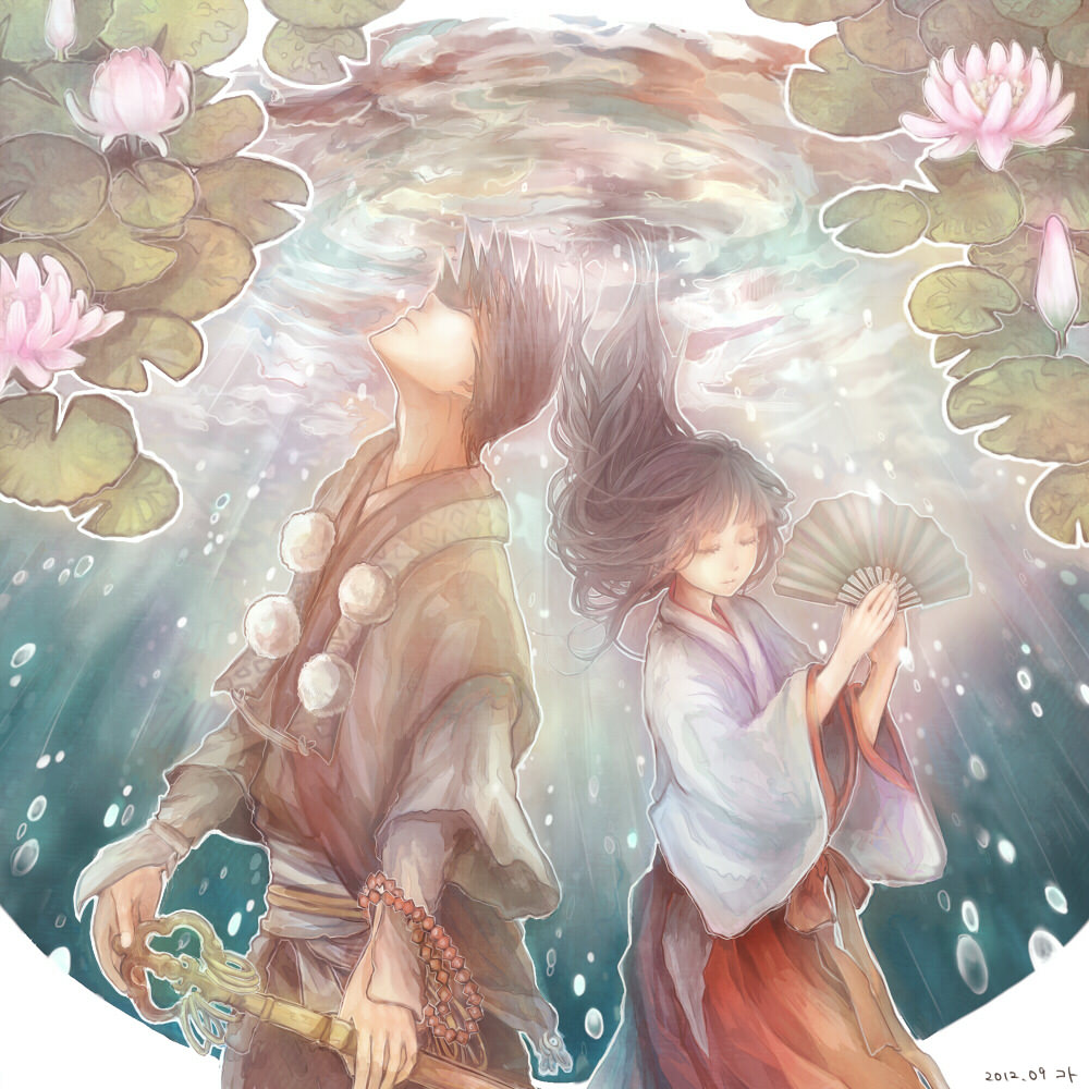 1boy, 1girl, black_hair, fan, flower, japanese_clothes, koto_(artr), long_hair, lotus, miko, rdg_red_data_girl, sagara_miyuki, shakujo, short_hair, staff, suzuhara_izumiko, underwater