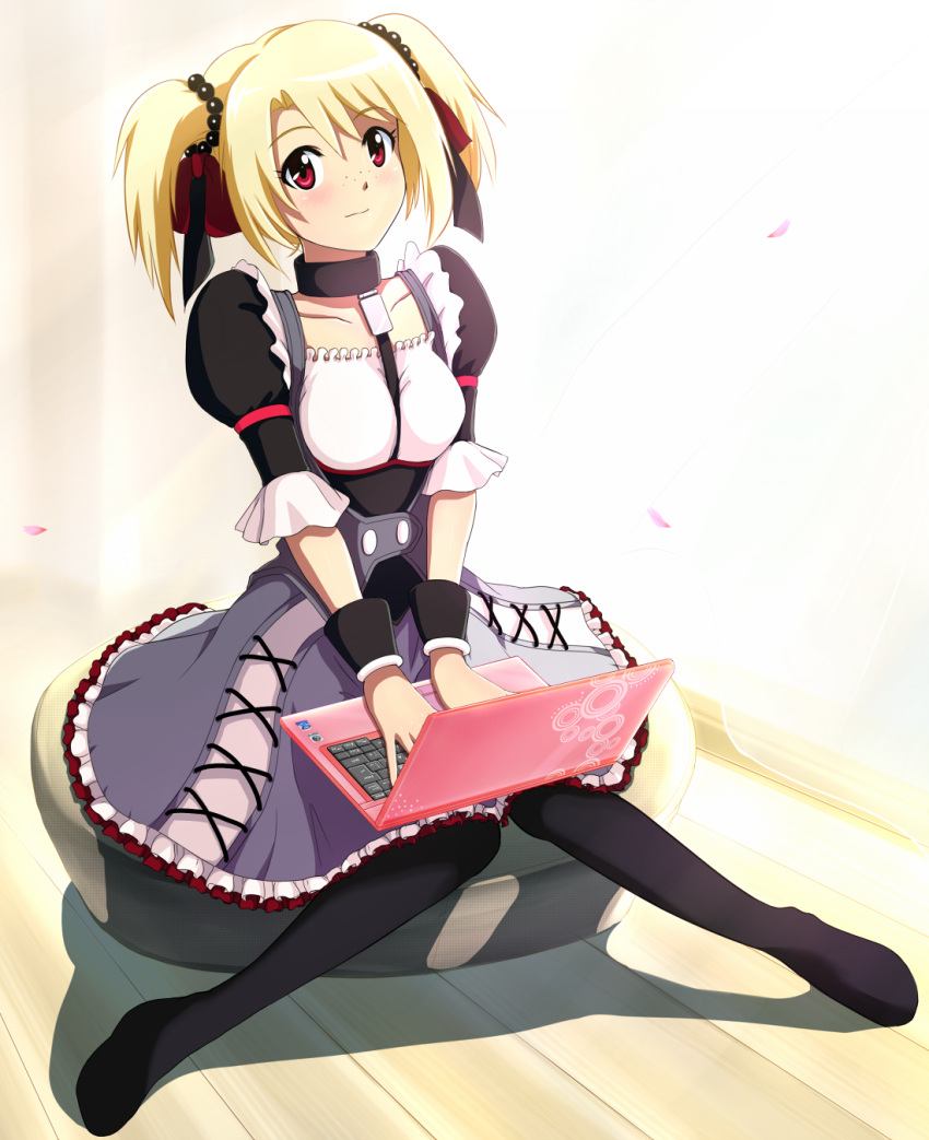 2girls, black_legwear, blonde_hair, breasts, cleavage, collar, computer, highres