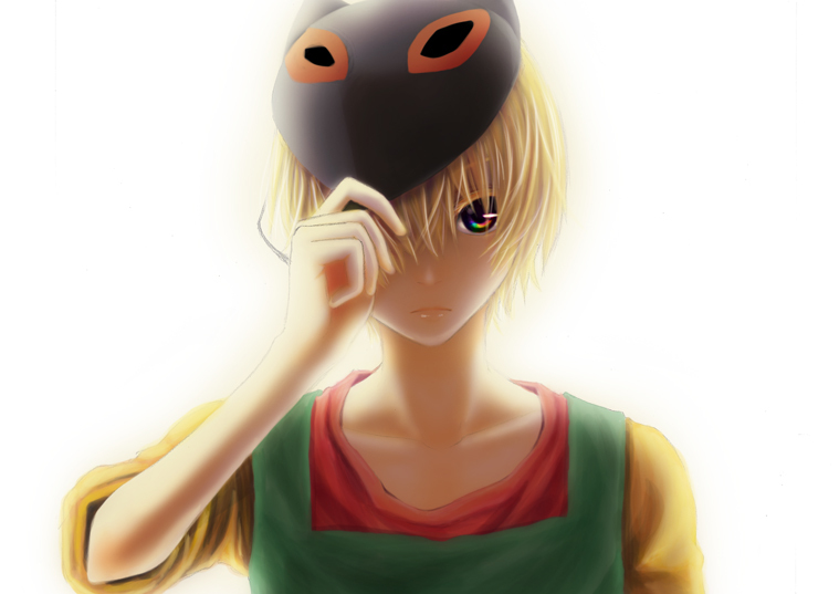1boy, arm_up, artist_request, blonde_hair, bust, expressionless, fox_mask, hair_over_one_eye