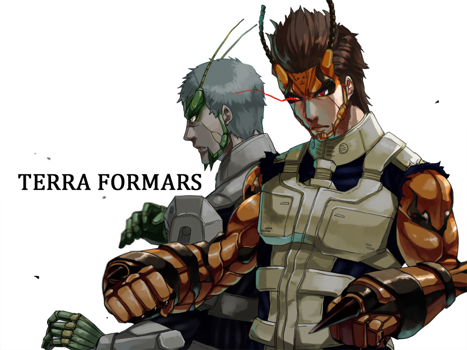2boys, brown_hair, grey_hair, komachi_shoukichi, marumarubug, multiple_boys, red_eyes, terra_formars