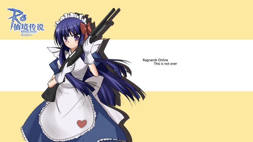 1girl, alice_(ragnarok_online), apron, artist_request, blue_hair, bow, gloves, gun