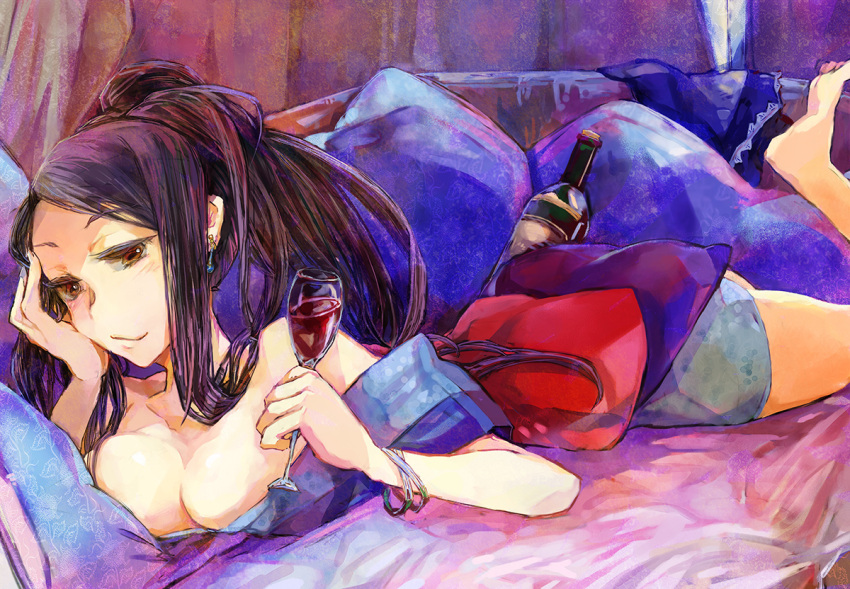 1girl, barefoot, black_hair, bottle, bracelet, breasts, brown_eyes, cleavage