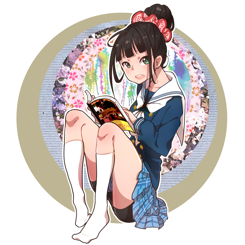 1girl, black_hair, cleiooo, green_eyes, hair_bun, hamaguchi_ayame, idolmaster, idolmaster_cinderella_girls