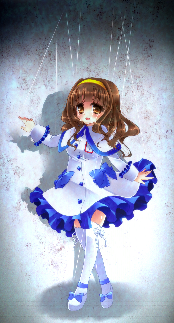 1girl, brown_eyes, brown_hair, crying, dress, frills, hairband, higanbana_no_saku_yoru_ni