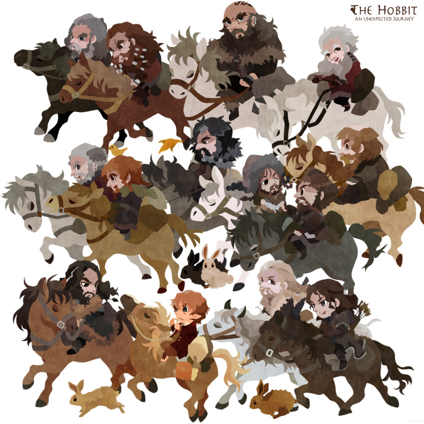 armor, balin, beard, bifur, bilbo_baggins, bofur, bombur, dori_(the_hobbit), dwalin, facial_hair, fili, gloin, horse, kili_(the_hobbit), kuroihato, nori_(the_hobbit), oin, ori_(the_hobbit), the_hobbit, thorin_oakenshield