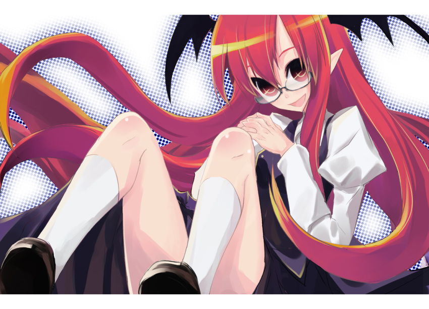 bespectacled, glasses, head_wings, headwings, koakuma, legs, long_hair, pointy_ears