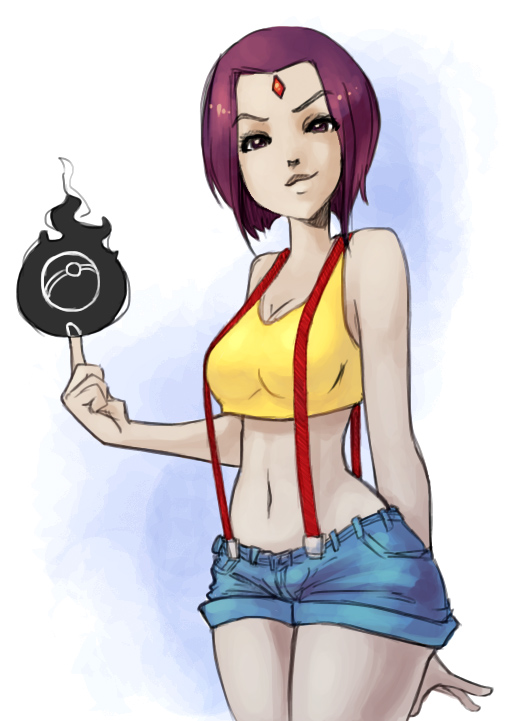 1girl, arm_behind_back, breasts, cleavage, cosplay, crop_top, dc_comics, forehead_jewel