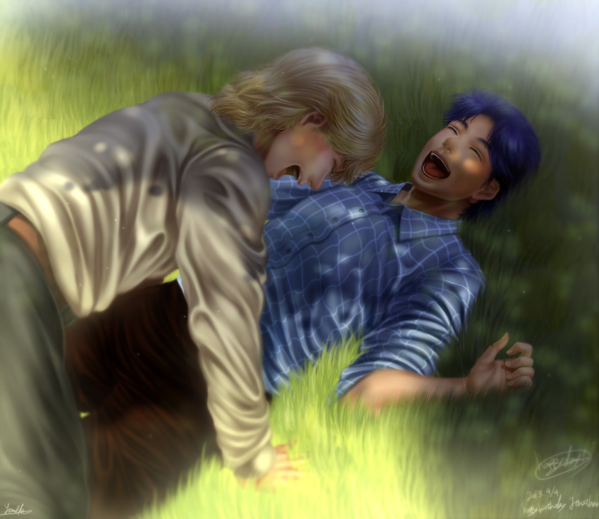 2boys, blonde_hair, blue_hair, brothers, dated, dio_brando, field, jojo_no_kimyou_na_bouken, jonathan_joestar, mayuma_yumeko, multiple_boys, siblings, signature, young