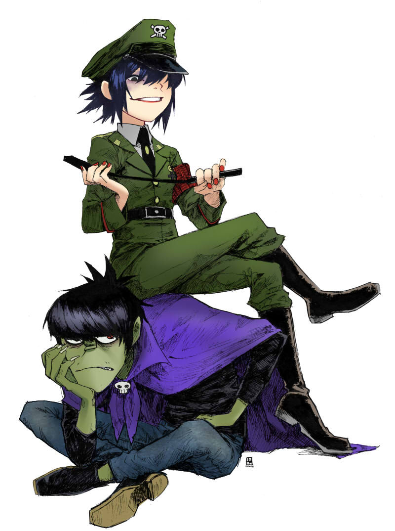 a-ka, black_hair, boots, cape, fingernails, gorillaz, heterochromia, lipstick