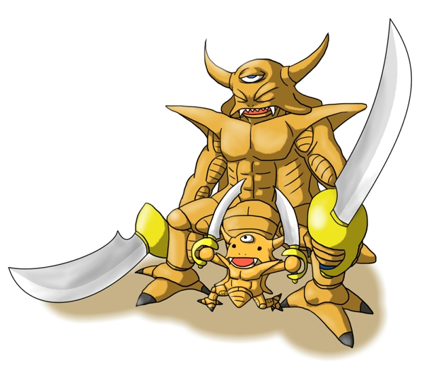 2boys, closed_eyes, dragon_quest, dragon_quest_v, dual_wielding, estark, fangs, father_and_son