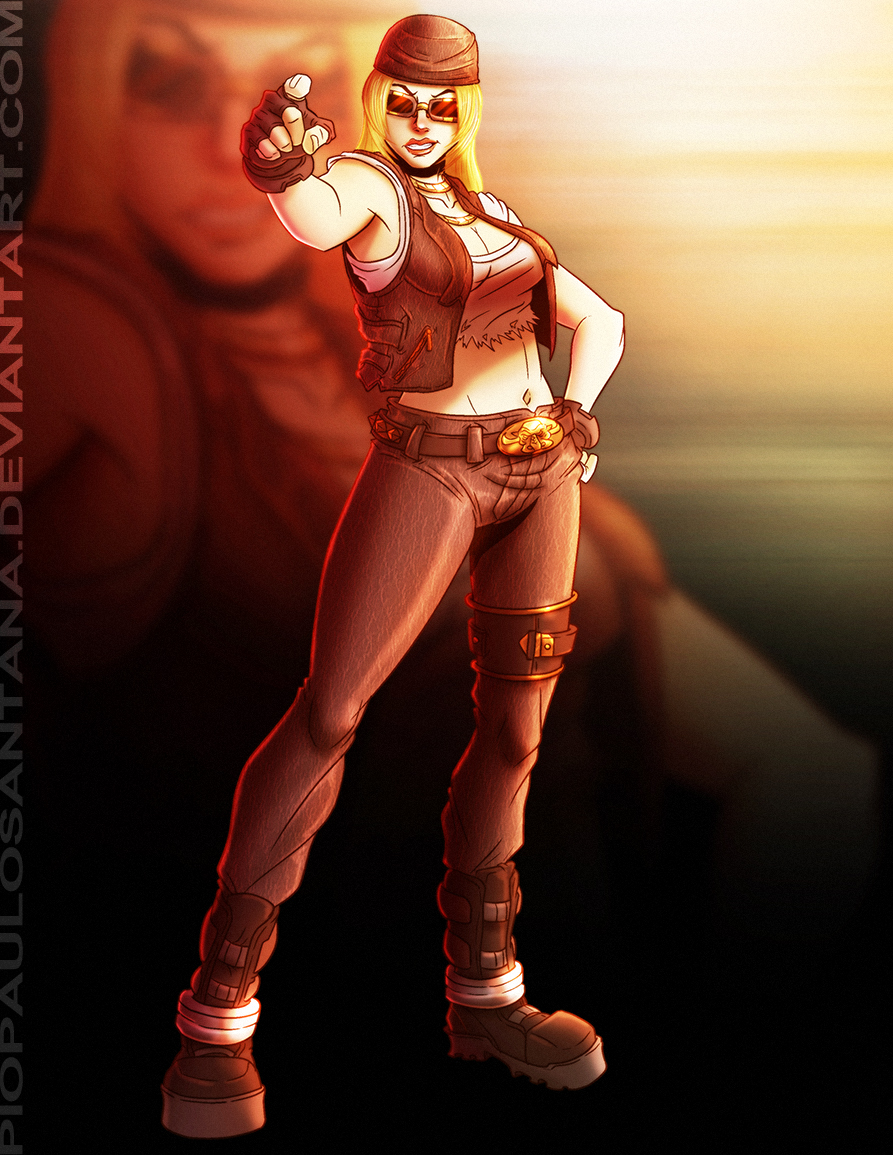 1girl, bandana, bass_armstrong, belt, belt_buckle, blonde_hair, boots, breasts