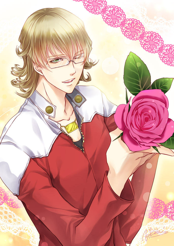 1boy, barnaby_brooks_jr, blonde_hair, flower, glasses, green_eyes, jacket, miyama_kiri
