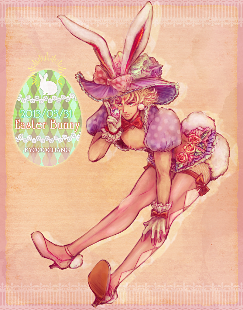 1boy, animal_ears, argyle, argyle_legwear, artist_name, barnaby_brooks_jr, blonde_hair, easter