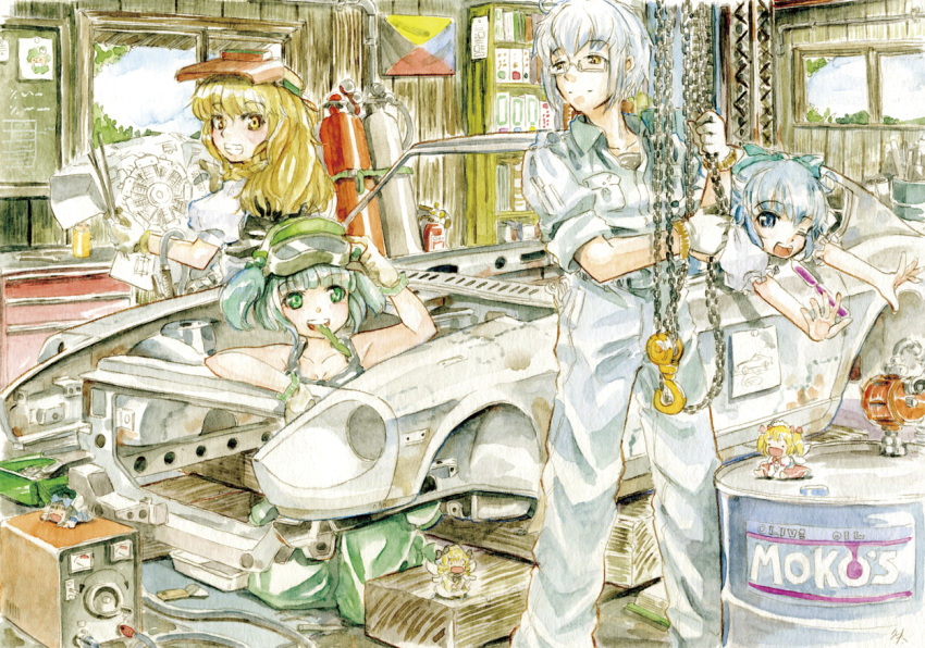 car, cirno, cucumber, gas_tank, grin, kawashiro_nitori, kirisame_marisa, luna_child