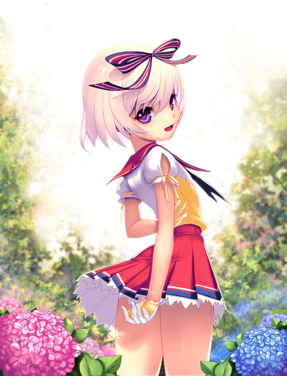 1boy, arms_behind_back, blue_eyes, flat_chest, flower, gloves, hair_ribbon, highres