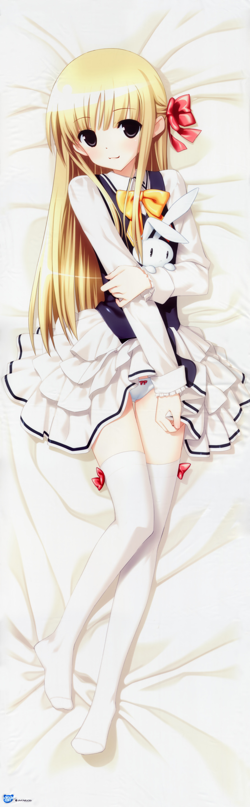 1girl, absurdres, black_eyes, blonde_hair, dakimakura, highres, hiide, huge_filesize, legs, long_hair, long_sleeves, panties, sakura_sakura, school_uniform, skirt, skirt_lift, stuffed_animal, stuffed_bunny, stuffed_toy, tagme, thumbs_up, underwear, white_legwear, white_panties, yoshioka_nanoha