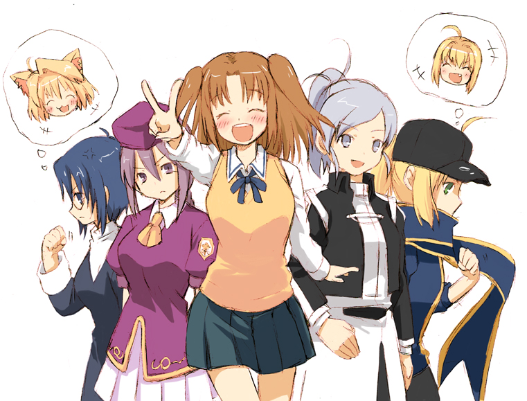 6+girls, :3, :d, ^_^, ahoge, arcueid_brunestud, blonde_hair, blue_eyes, blue_hair, braid, brown_hair, ciel, closed_eyes, fang, fate/extra, fate/stay_night, fate_(series), food, glasses, green_eyes, grey_eyes, ham, heroine_x, long_hair, melty_blood, multiple_girls, open_mouth, pikakoya, ponytail, purple_hair, riesbyfe_stridberg, saber, saber_extra, scarf, short_hair, silver_hair, single_braid, sion_eltnam_atlasia, skirt, smile, thought_bubble, tsukihime, twintails, v, violet_eyes, yumizuka_satsuki