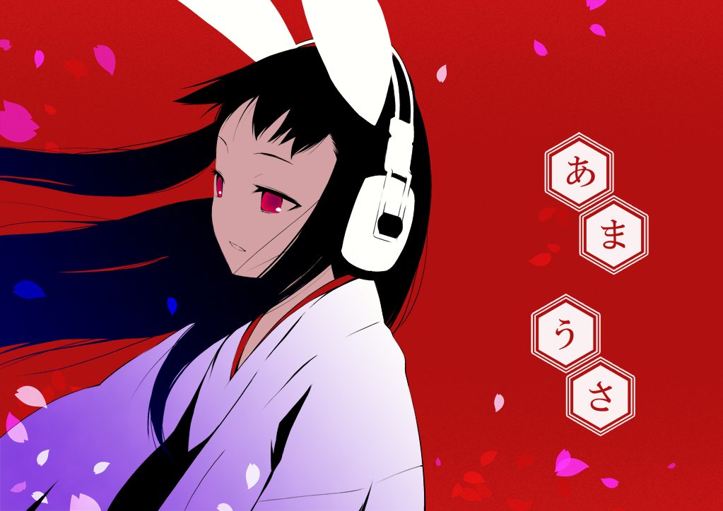 amausa, animal_ears, black_hair, bunny_ears, cherry_blossoms, headphones, hexagon, honeycomb_background