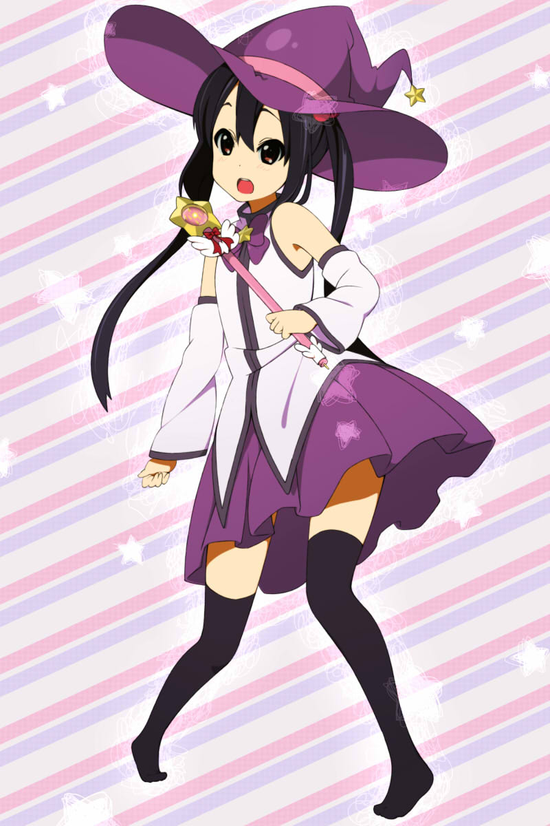 1girl, black_hair, black_legwear, cosplay, detached_sleeves, hat, highres, k-on!