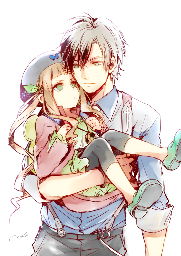 1boy, 1girl, backpack, bag, beret, black_hair, brown_hair, capri_pants