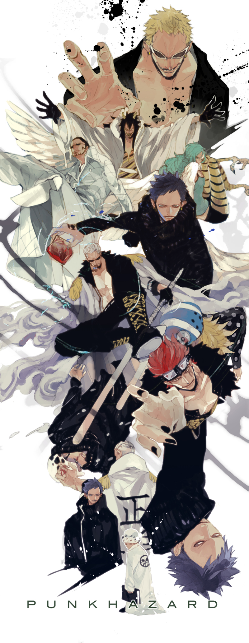beard, black_hair, blonde_hair, caesar_clown, claws, donquixote_doflamingo, earrings, eustass_captain_kid