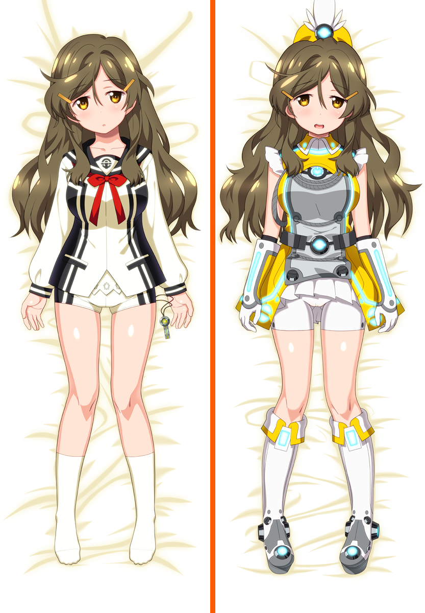 1girl, blush, breasts, brown_eyes, brown_hair, dakimakura, hair_ornament, hairclip