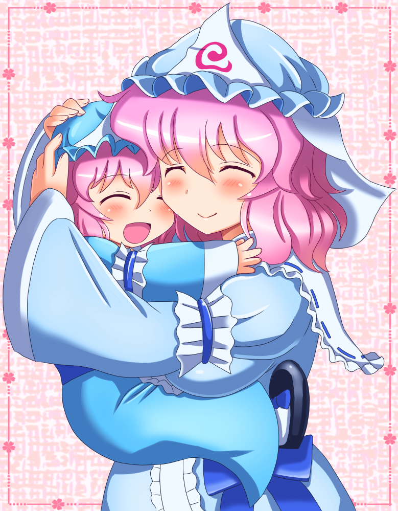 2girls, child, closed_eyes, hat, hug, ko-yuyuko, mother_and_daughter, multiple_girls