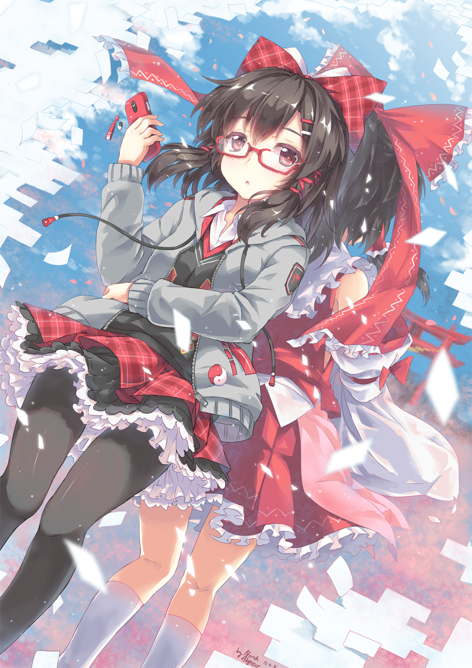 1girl, alternate_costume, back-to-back, bespectacled, black_hair, black_legwear, blush, bow