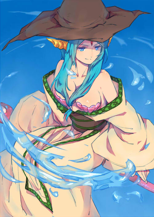 1girl, bare_shoulders, blue_eyes, blue_hair, breasts, dress, hat, magi_the_labyrinth_of_magic