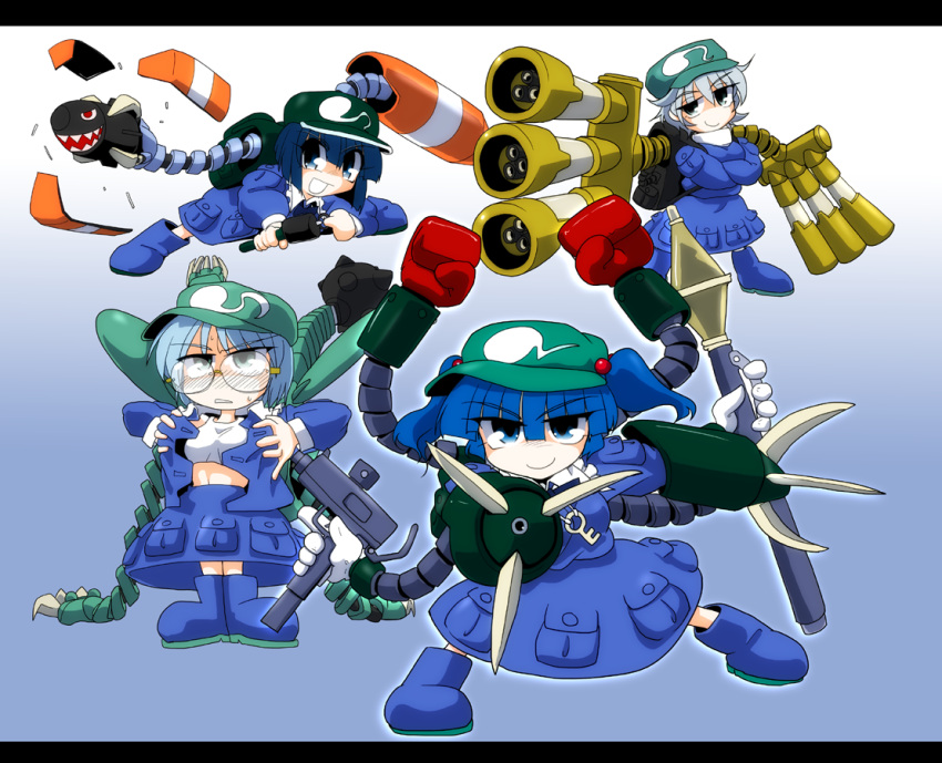 4girls, arm_cannon, back, backpack, bag, blue_eyes, blue_hair, blush