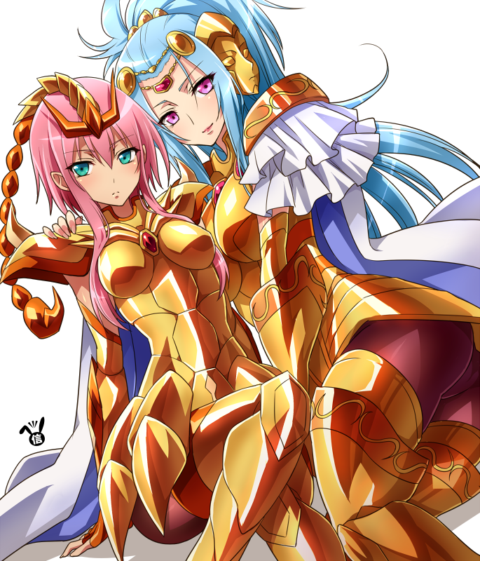 2girls, arai_nobu, armor, blue_hair, cape, gemini_paradox, green_eyes, hornet_sonia, long_hair, looking_at_viewer, mask, multiple_girls, pink_hair, saint_seiya, saint_seiya_omega, scorpio_sonia, simple_background, violet_eyes, white_background