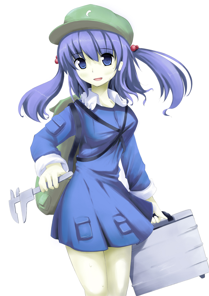 1girl, backpack, bag, blue_dress, blue_eyes, blue_hair, briefcase, caliper