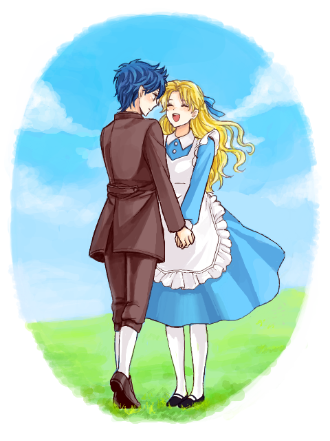 1boy, 1girl, blonde_hair, blue_hair, couple, dress, erina_pendleton, hetero