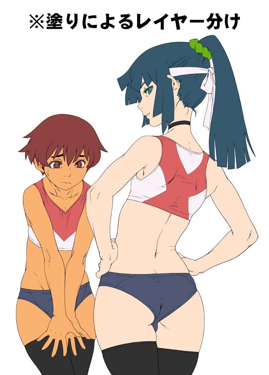 2boys, androgynous, ass, blue_eyes, blue_hair, blush, brown_eyes, brown_hair