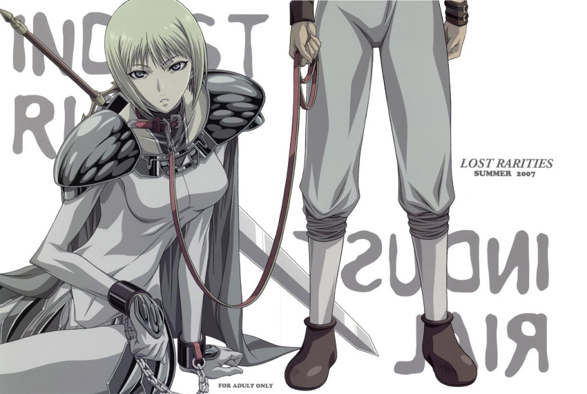 armor, blonde_hair, chains, clare, claymore, collar, cuffs, doujin
