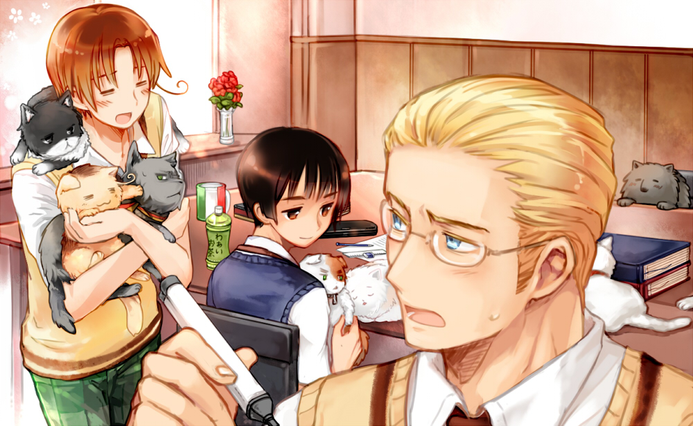 3boys, ahoge, animal, black_hair, blonde_hair, blue_eyes, blush, brown_eyes, brown_hair, cat, cup, england_(nekotalia), flower, germany_(hetalia), germany_(nekotalia), glasses, hiyo, japan_(hetalia), japan_(nekotalia), marker, mug, multiple_boys, northern_italy_(hetalia), northern_italy_(nekotalia), open_mouth, rose, russia_(nekotalia), school_uniform, short_hair, smile, sweat, vase, vest