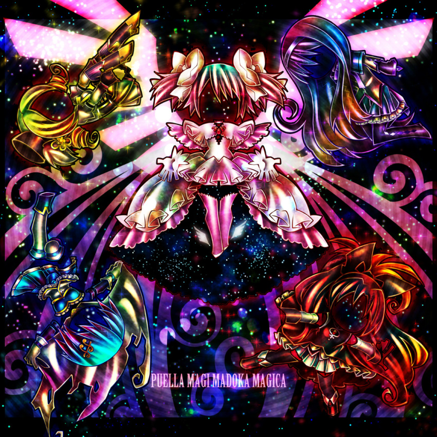 5girls, acid_trip, akemi_homura, black_hair, blonde_hair, blue_hair, bow, cape, colorful, dress, drill_hair, frills, gloves, goddess_madoka, hair_bow, kaname_madoka, long_hair, magical_girl, mahou_shoujo_madoka_magica, miki_sayaka, multiple_girls, ninomae, pink_hair, redhead, sakura_kyouko, short_hair, skirt, tomoe_mami, twin_drills, twintails, wings
