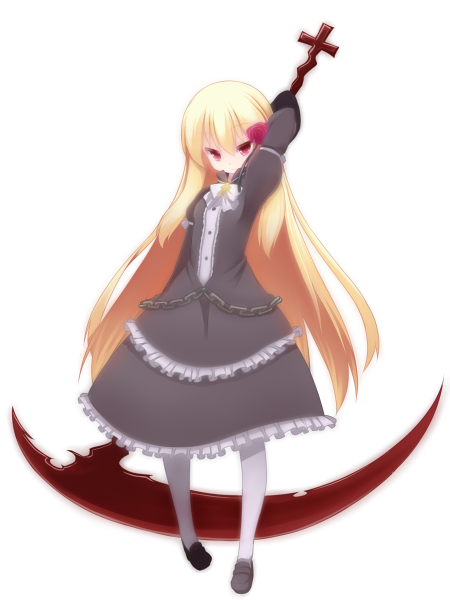 1girl, blonde_hair, lolita_fashion, long_hair, nightmare_cat, red_eyes, scythe, solo