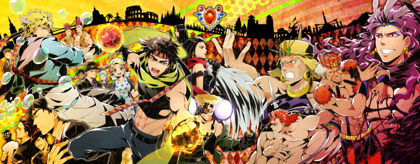 argyle, argyle_background, armor, caesar_anthonio_zeppeli, cars_(jojo), cyborg, danemaru, erina_pendleton, esidisi, everyone, george_joestar_ii, headband, highres, jojo_no_kimyou_na_bouken, jonathan_joestar, joseph_joestar_(young), lisa_lisa, loggins_(jojo), mario_zeppeli, mark_(jojo), messina_(jojo), midriff, red_stone_of_aja, robert_eo_speedwagon, rudolph_von_stroheim, santana_(jojo), smokey_brown, suzi_quatro, wham, will_anthonio_zeppeli